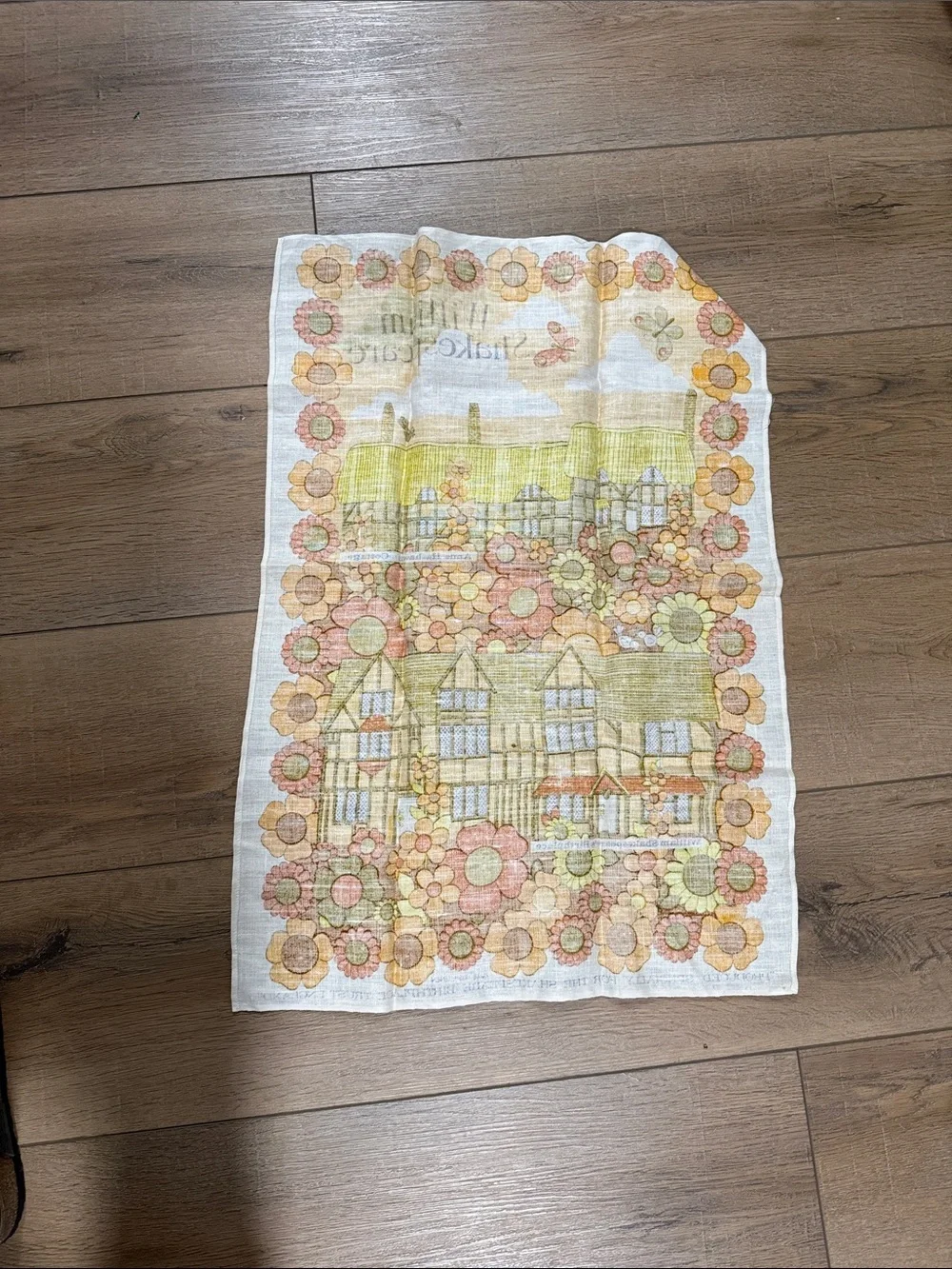 Pair of Vintage Floral & Shakespeare Tudor Linen Tea Towels 1960s 1970s Retro